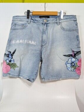 Homme Femme Denim Size 36 Embroidered Jean Shorts Floral Humming Bird NEW Jorts